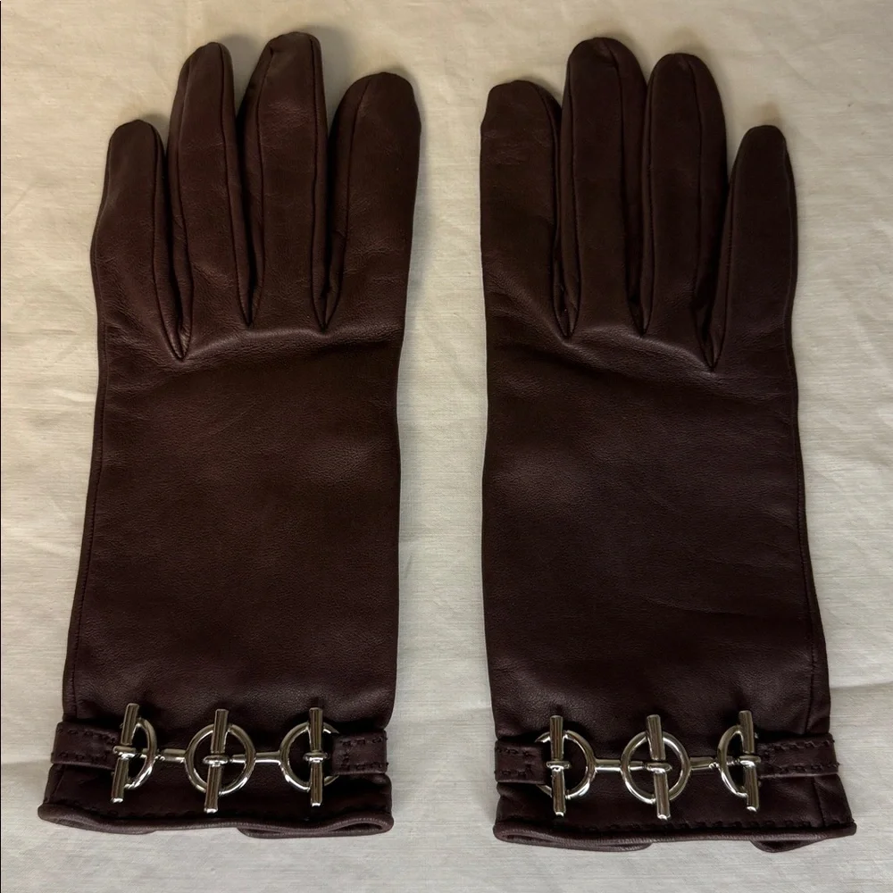 Hermès Grennan Leather Gloves – Brown | Silver Hardware | Size 7.5
